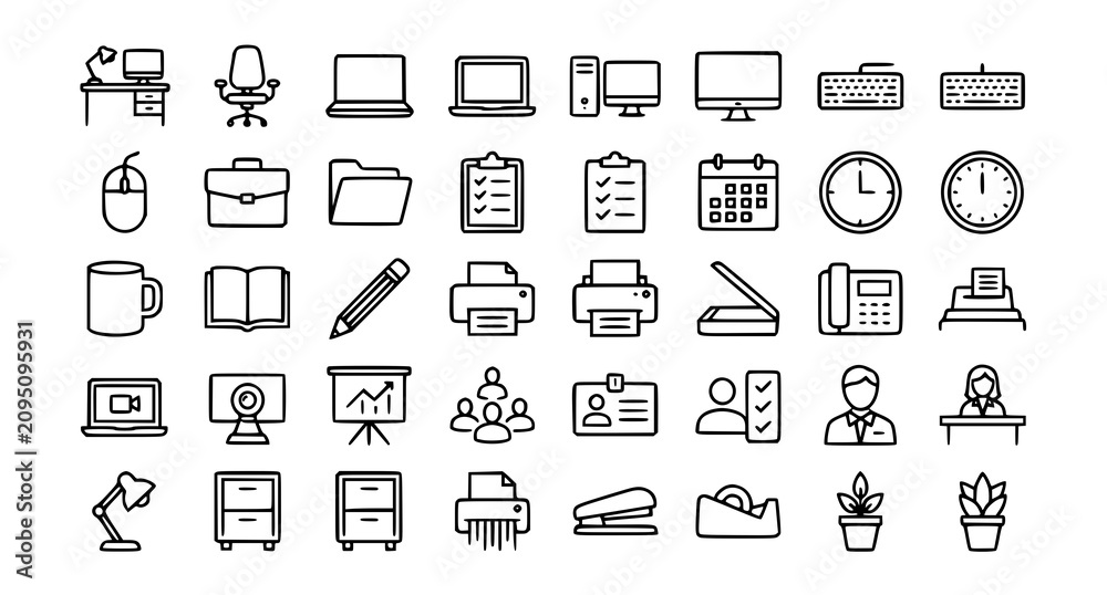 Fototapeta premium Modern Workplace Outline Icon Pack Editable Stroke Monochrome Vector Illustration