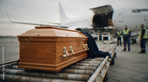 Foto A wooden casket rests on a metal conveyor platform on an airport tarmac, with airport staff in the background near a cargo plane