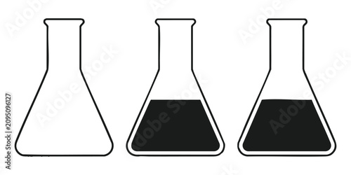 Photos Three erlenmeyer flask black icons with various liquid levels for scientific experiments