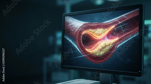 Artery cross-section with plaque buildup displayed on medical monitor