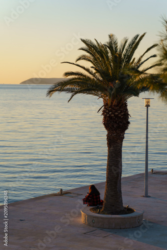 Принти на полотні Palm tree silhouette against calm ocean sunset