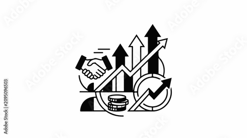 Business growth illustrated with handshake coins and rising arrows