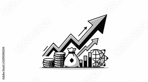 Upward financial trend with coins money bag charts and globe