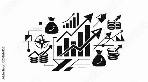 Collection of financial growth and analysis icons charts money compass