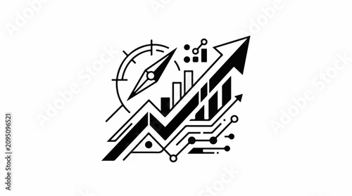 Abstract digital chart with compass arrow and circuit lines