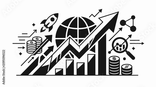 Global growth and financial success with soaring charts and rockets