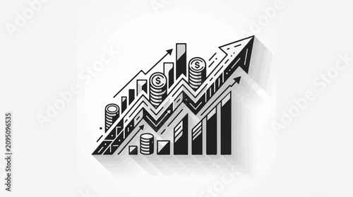 Upward financial graph with stacked coins and arrows