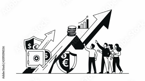 Stylized graphic of upward financial trend with people observing