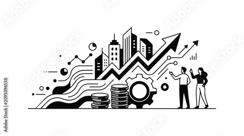 Abstract illustration of rising city skyline with growth charts and coins
