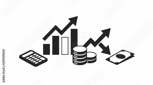 Financial growth and decline analysis with calculator coins and cash