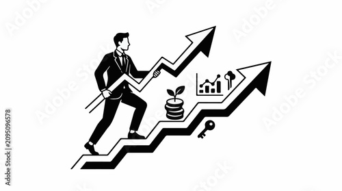 Businessman climbing upward trend graph with financial growth symbols