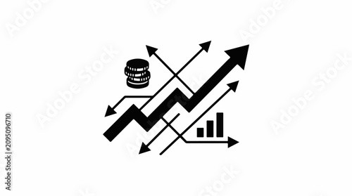 Upward trending arrows coins and bar chart indicate growth