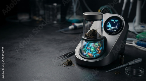 Laboratory device analyzes soil sample revealing glowing microorganisms on screen