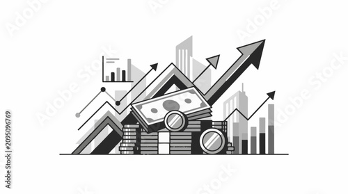 Growing economy with money charts and city skyline