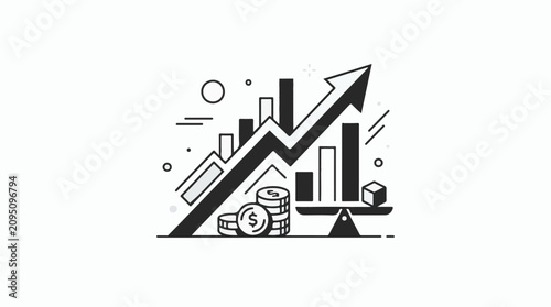 Growing arrow over bars with coins on a scale and abstract shapes