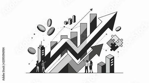 Business growth depicted with upward arrows coins and cityscape