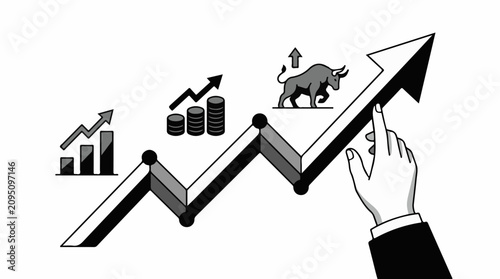 A hand points to an upward trending line graph with coins and a bull