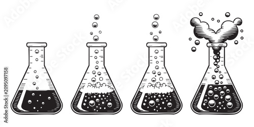 Canvastavla Four laboratory flasks showing stages of a chemical reaction with bubbles effervescence