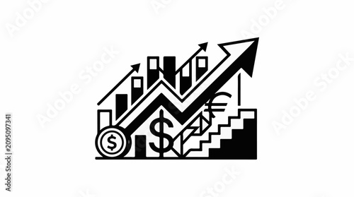Abstract financial growth with currency symbols and ascending graph