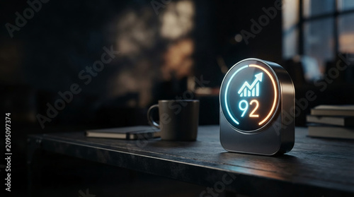 Digital dashboard displays financial growth data on office desk