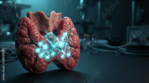 Robotic microchip implant connected to human thyroid gland in laboratory
