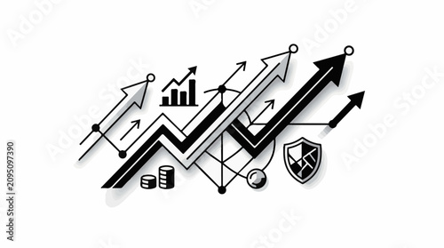 Upward trending arrows bar chart coins shield and network structure