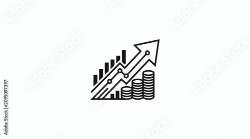 Growing financial chart with coins and upward arrow