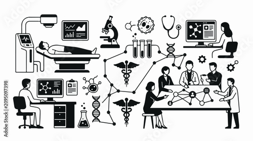 Medical research and discovery with scientists and technology
