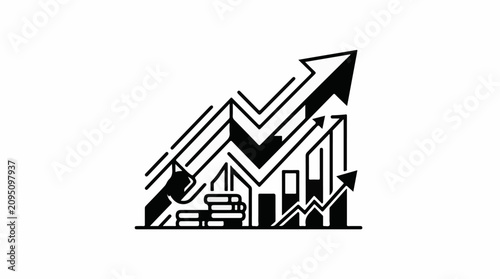Abstract graphic showing upward trending financial growth and stacks of coins