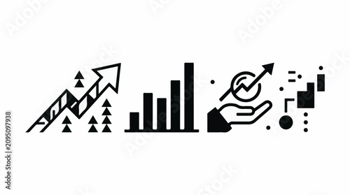 Icons depicting business growth financial charts and strategic planning