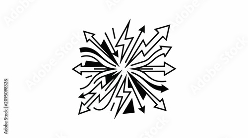 Abstract black arrows and lightning bolts radiate from a central point