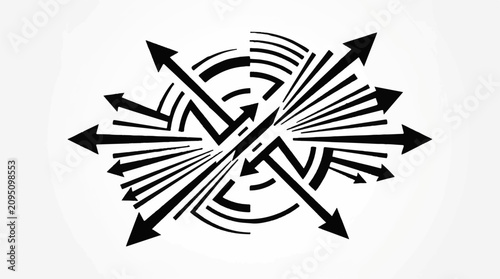 Black arrows radiating from a central abstract shape on white