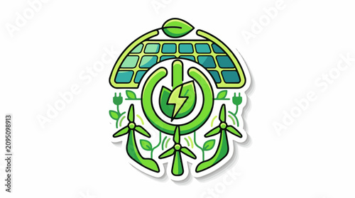 Eco-friendly energy symbol with solar panel wind turbines and leaf