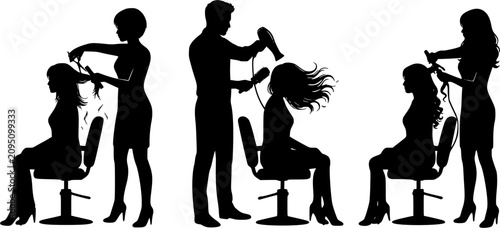 Hair stylist silhouette set, cutting, blow drying and styling hair isolated on white background, professional salon and beauty service collection