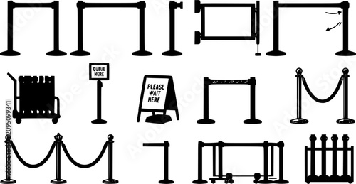 Black line retractable queue barrier vector collection, crowd control stanchions and event management equipment isolated on white background