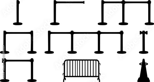 Black line retractable queue barrier vector collection, crowd control stanchions and event management equipment isolated on white background