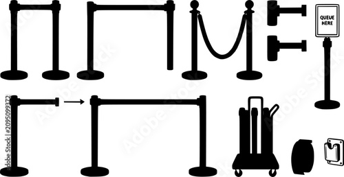 Black line retractable queue barrier vector collection, crowd control stanchions and event management equipment isolated on white background