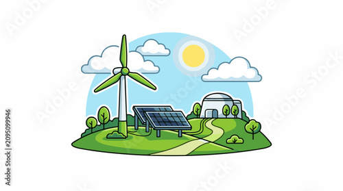 Green energy landscape with solar panels and wind turbine