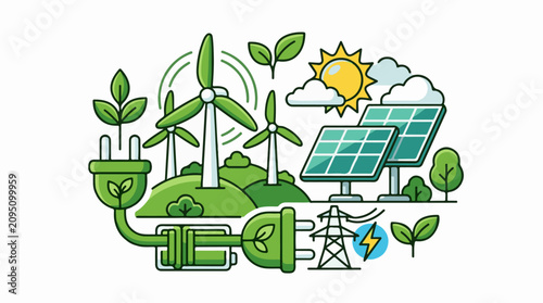 Green energy illustration with solar panels wind turbines and plugs