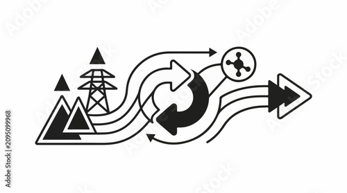 Stylized abstract flow diagram with mountains power tower and arrows