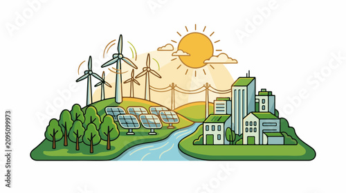 Sustainable energy sources power a green city sun shines