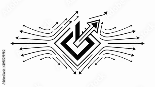 Black abstract power symbol with dynamic directional arrows radiating outwards
