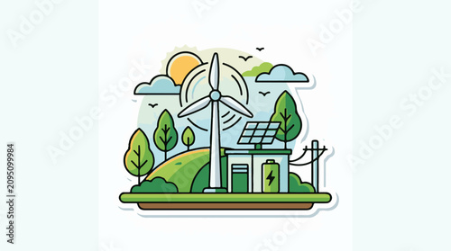 Green energy landscape with wind turbine solar panel and battery storage
