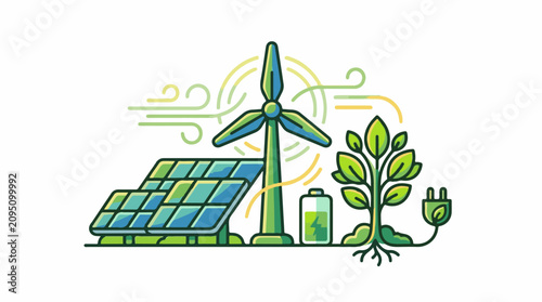 Renewable energy sources and a charging battery with a plant