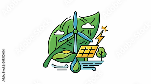 Green energy icon with leaf wind turbine solar panel and water drop
