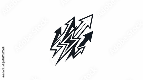 Abstract black and white design of multiple pointed arrows and lightning bolts