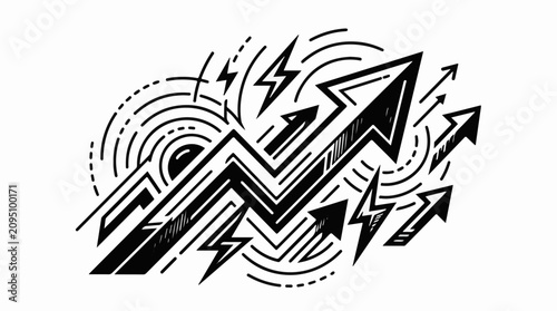 Stylized black arrows and lightning bolts forming a dynamic upward trend