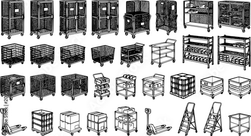 Black line warehouse storage cage vector collection, rolling security carts and inventory containers isolated on white background, logistics equipment illustration