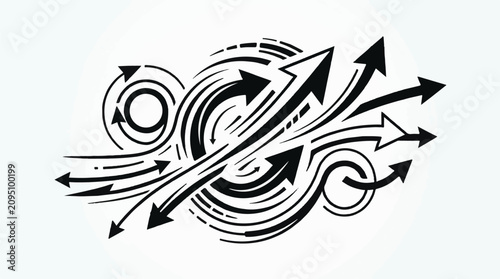 Dynamic black arrows swirl and diverge from a central vortex