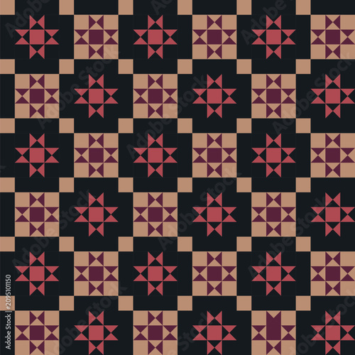 Pattern created from beige, dark rose pink, dark purple and black squares and triangles